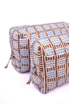 Striped Circles Blockprint Travel Pouch – Brown & Blue Medium-Inner Child