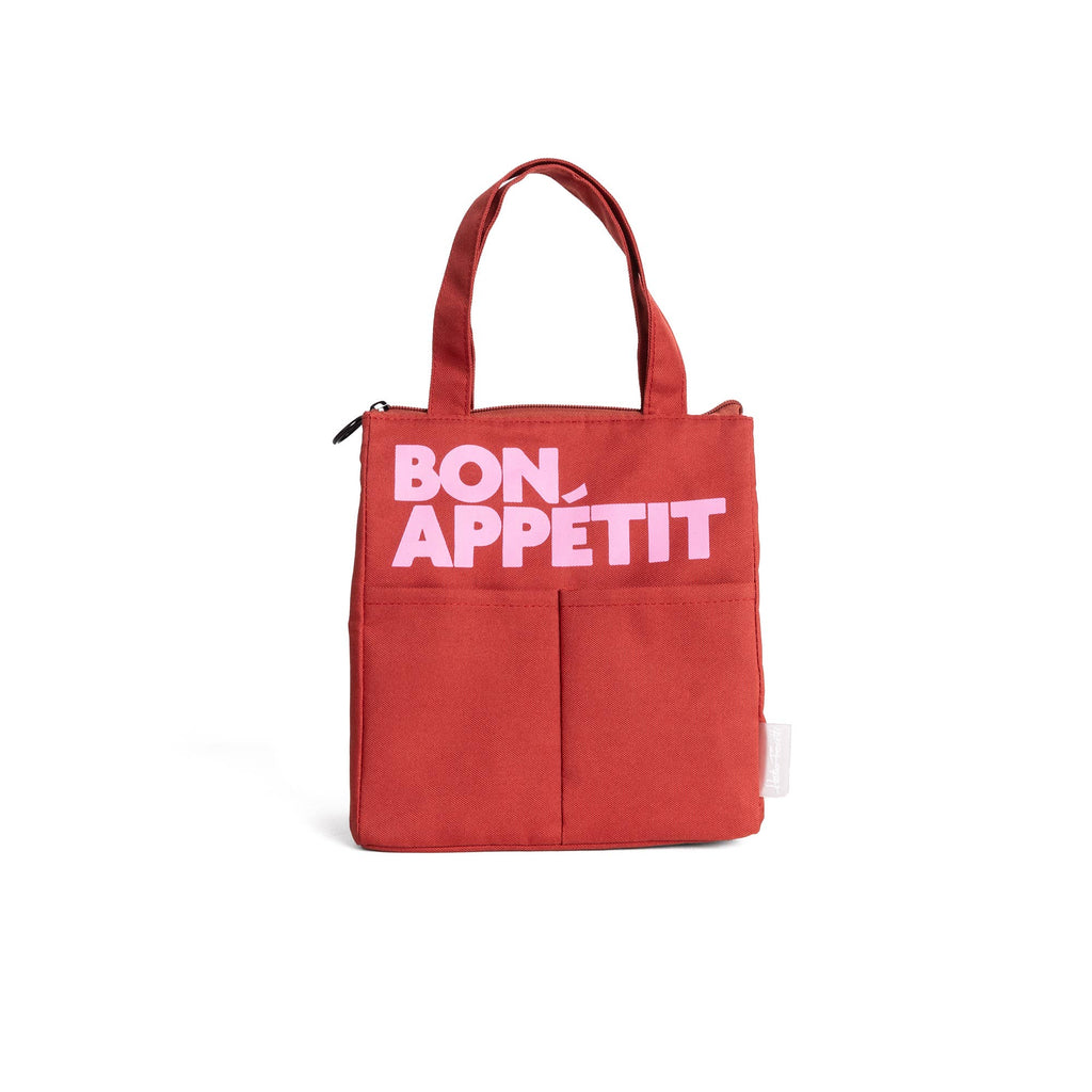 Burgundy Bon Appetit Isothermic lunch bag with pink logo and sturdy handles.