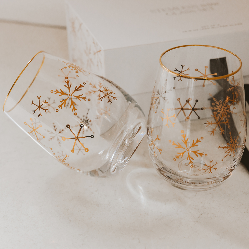 Sweet Water Decor -Snowflakes Stemless Wine Glasses, Boxed Set of 2