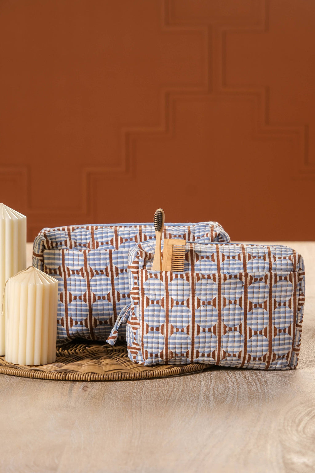 Striped Circles Blockprint Travel Pouch – Brown & Blue Medium-Inner Child