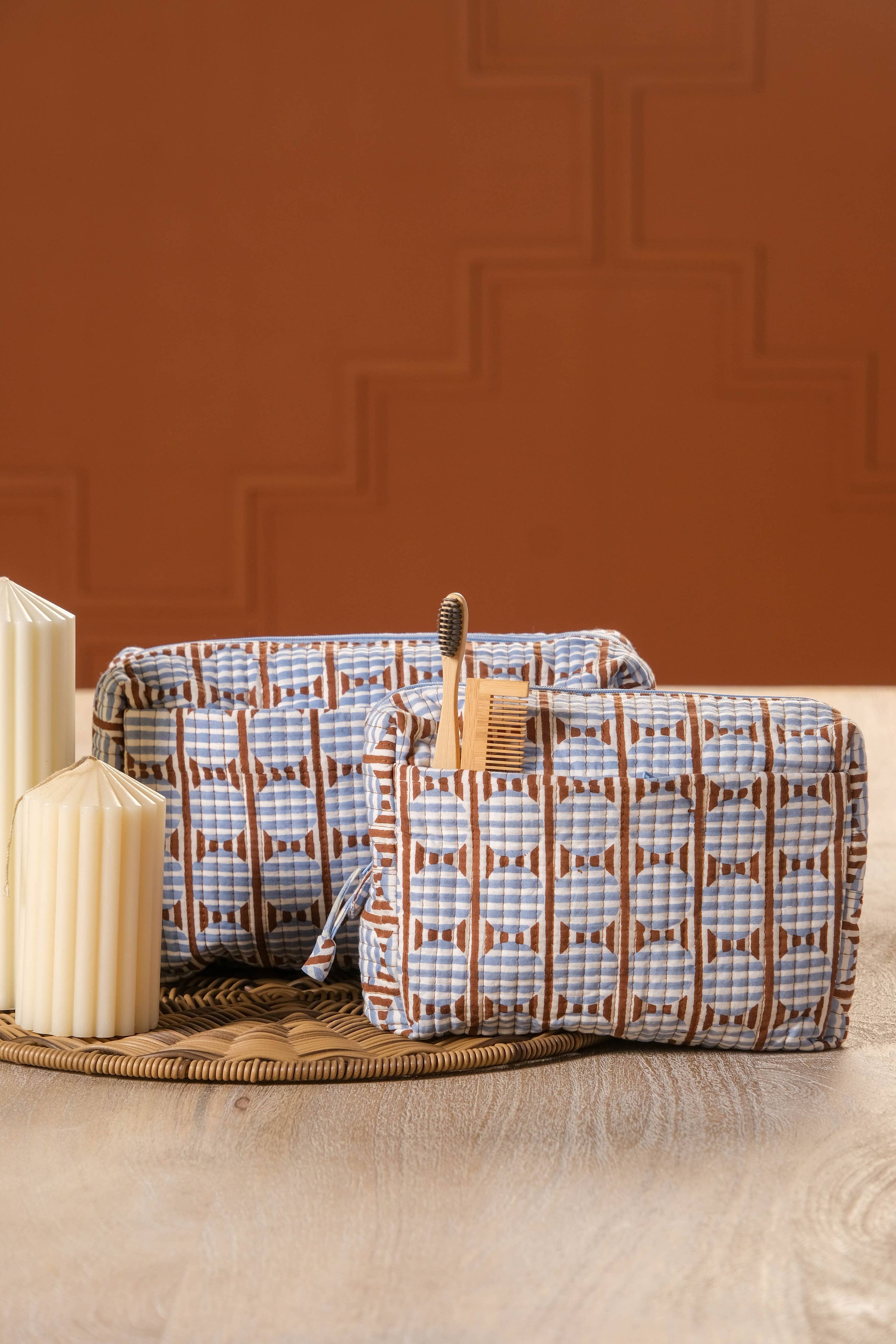 Striped Circles Blockprint Travel Pouch – Brown & Blue Medium-Inner Child