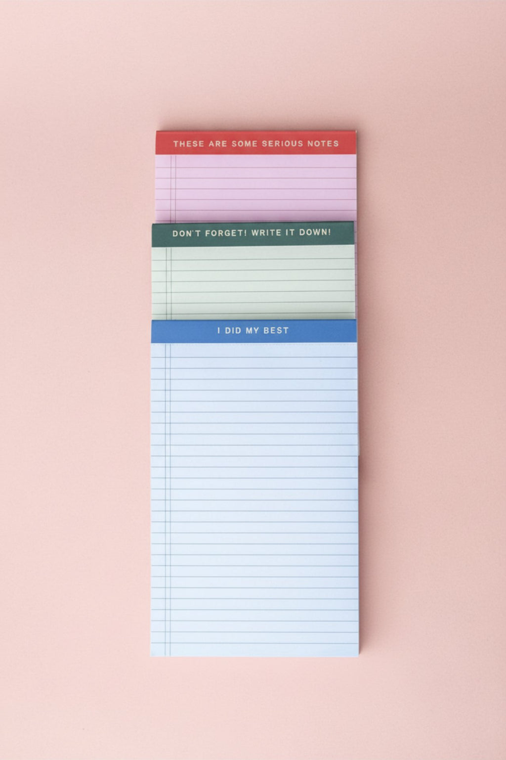 Mini Legal Pad Set: three pastel mini pads, each with a unique color and phrase.