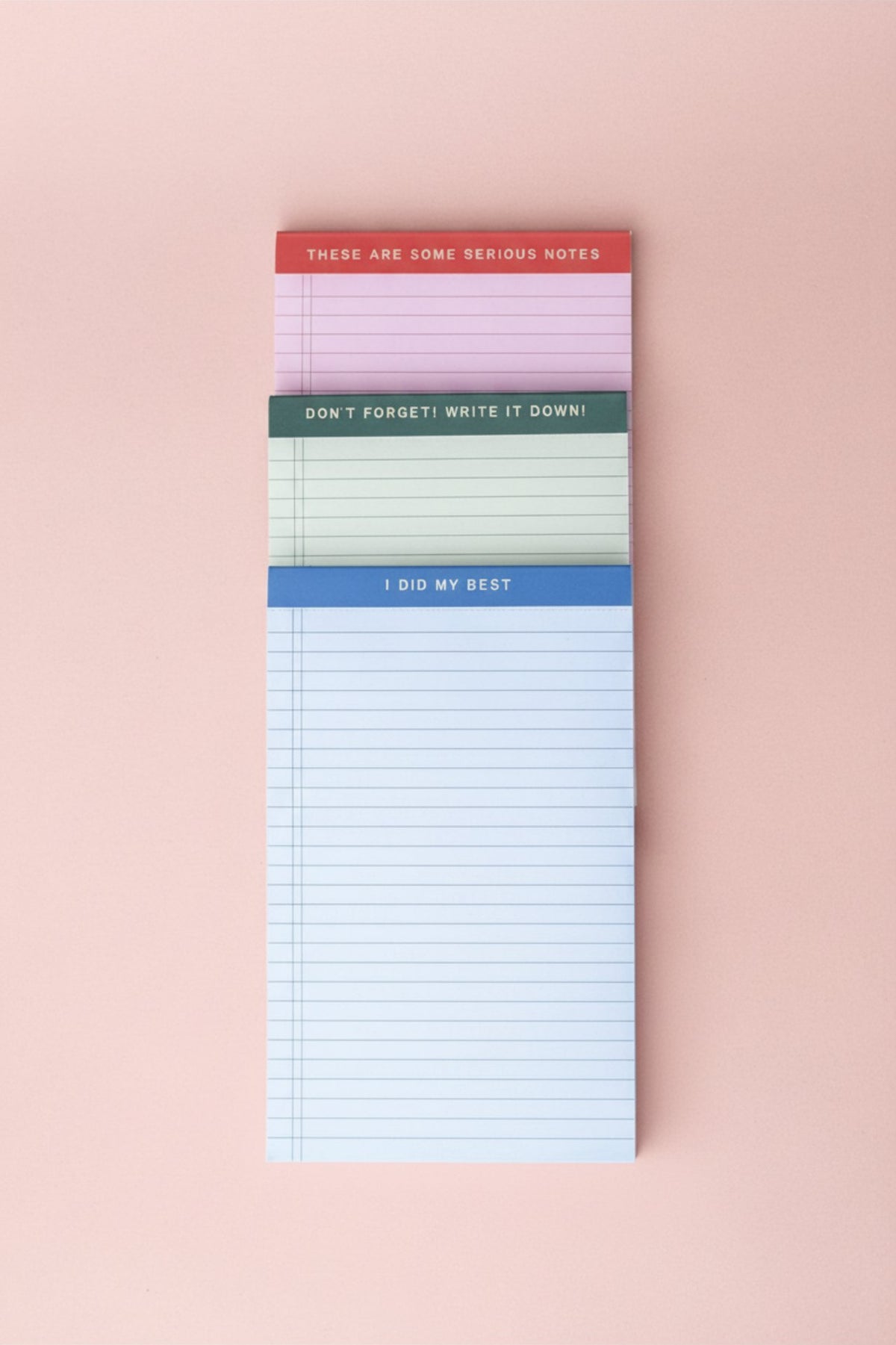 Mini Legal Pad Set: three pastel mini pads, each with a unique color and phrase.