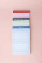 Mini Legal Pad Set: three pastel mini pads, each with a unique color and phrase.