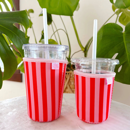 Elle Nicole - Coffee Cup Cover - Pink & Red Stripes - Iced Drink Sleeve - Large / 24oz by Elle Nicole
