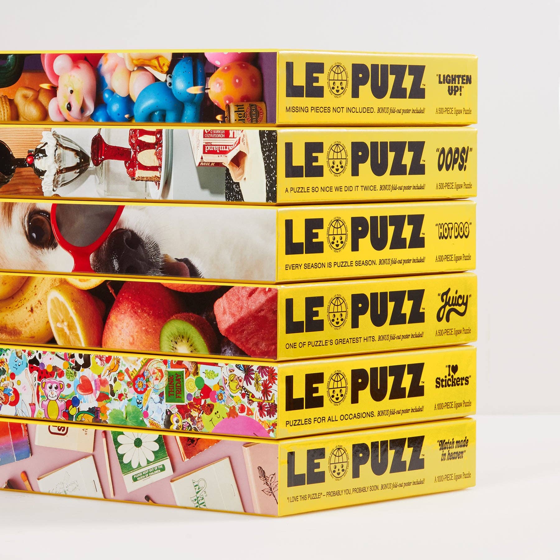 Match Made in Heaven 1000-piece puzzle boxes stacked, featuring colorful vintage matchbook cover art.