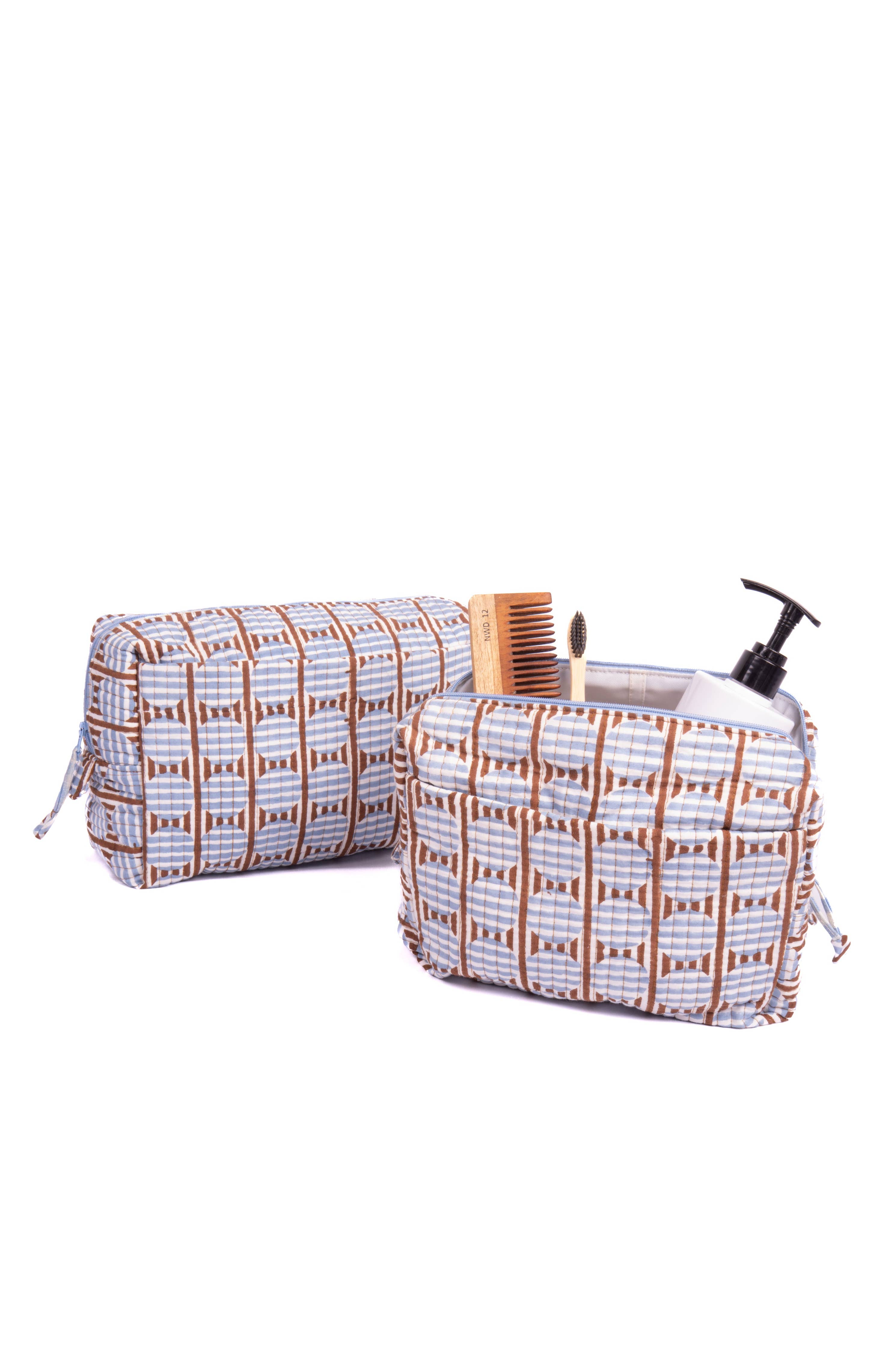 Striped Circles Blockprint Travel Pouch – Brown & Blue Medium-Inner Child