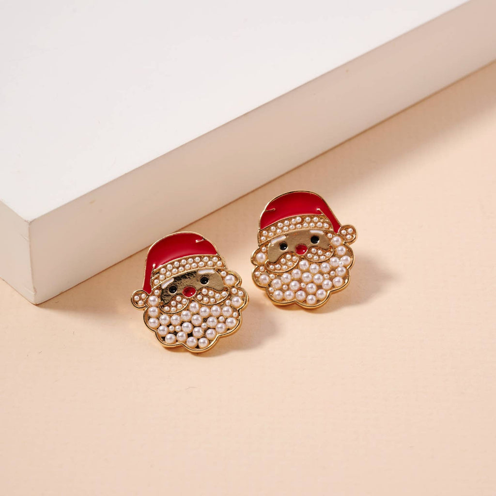 Santa Claus pearls stud earrings with red enamel hat and pearl beard, festive holiday jewelry (0.75in)