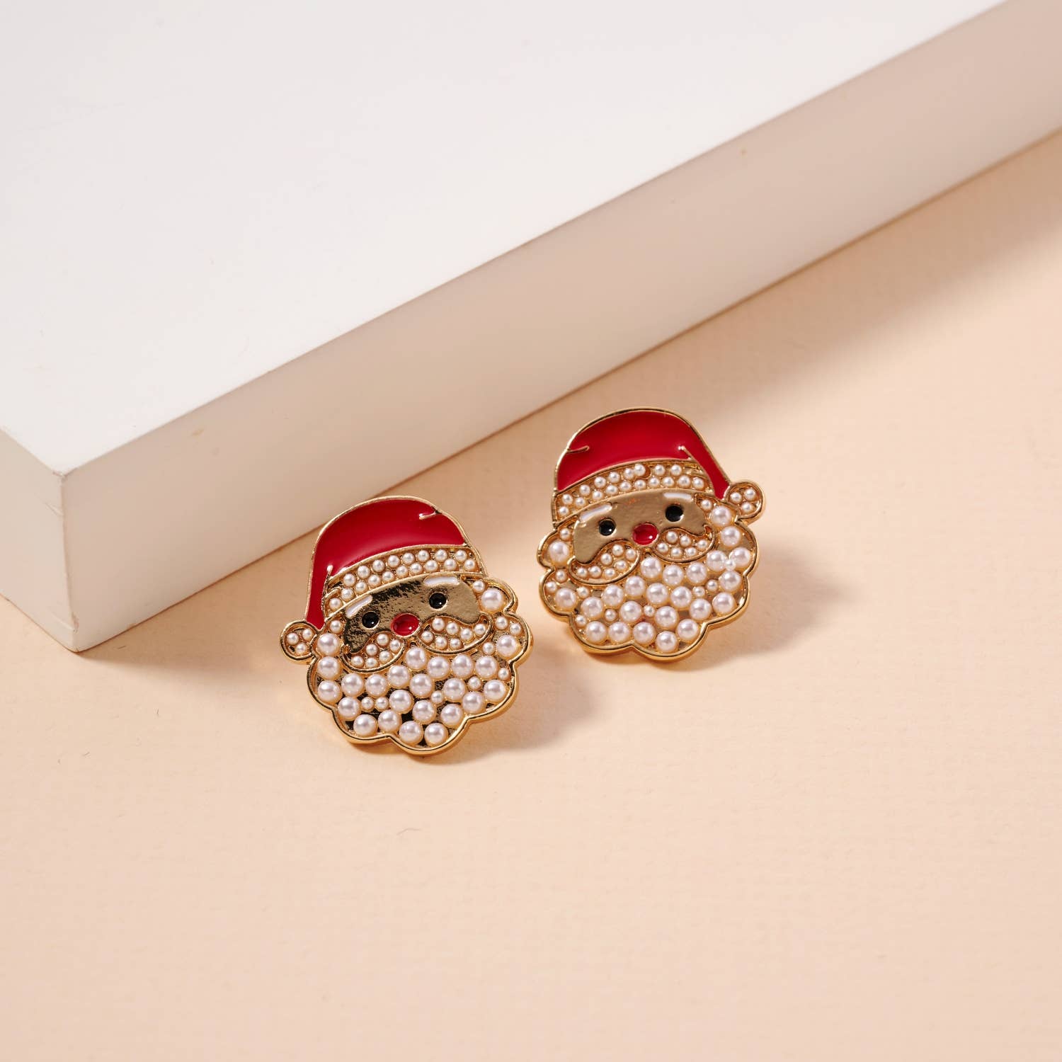 Santa Claus pearls stud earrings with red enamel hat and pearl beard, festive holiday jewelry (0.75in)