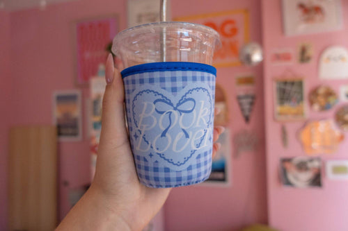 Book Lover Blue Gingham Coffee Sleeve by Jollie Ollie Designs