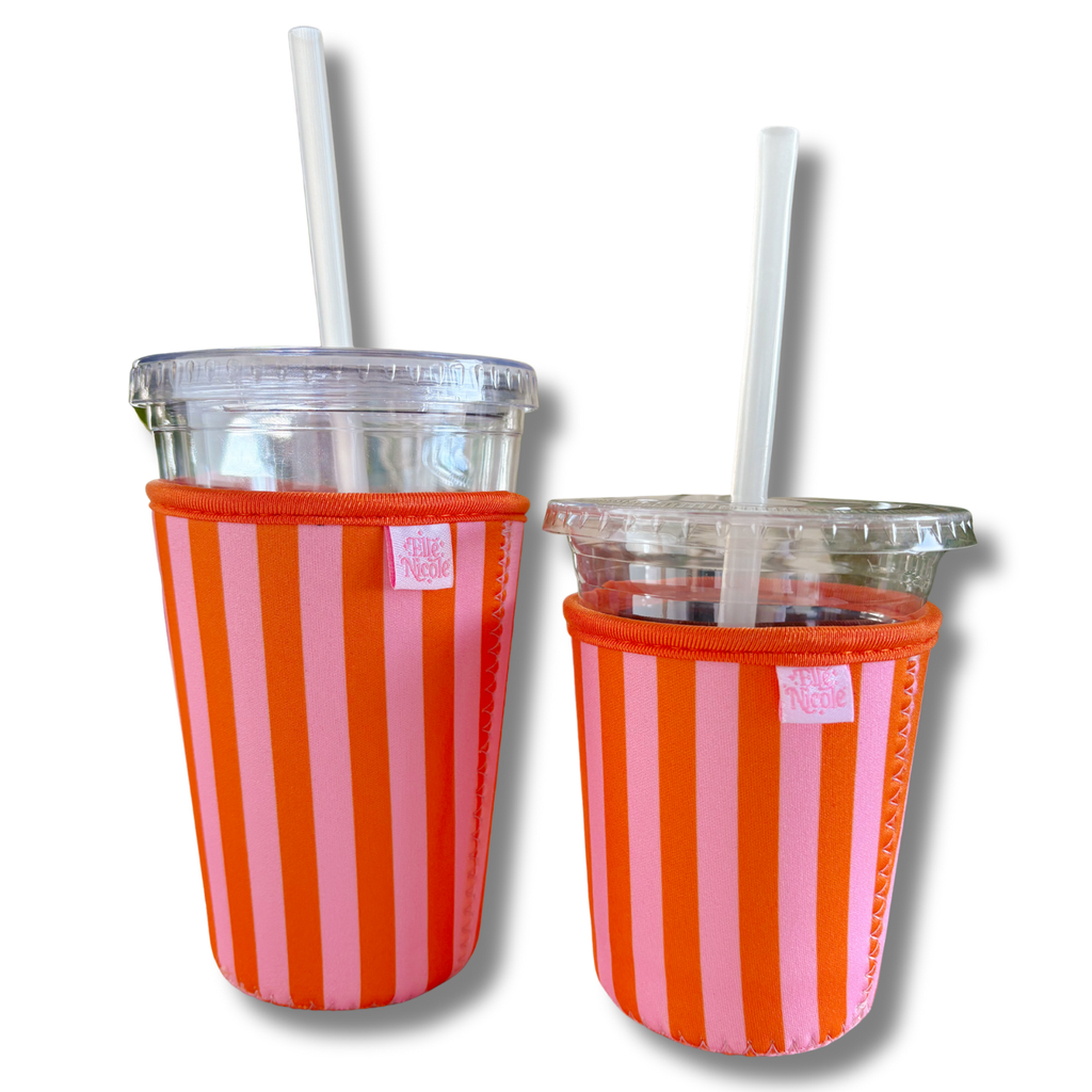 Elle Nicole - Coffee Cup Cover - Pink & Orange Stripes - Iced Drink Sleeve - Large / 24oz