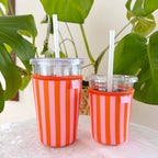 Elle Nicole - Coffee Cup Cover - Pink & Orange Stripes - Iced Drink Sleeve - Large / 24oz
