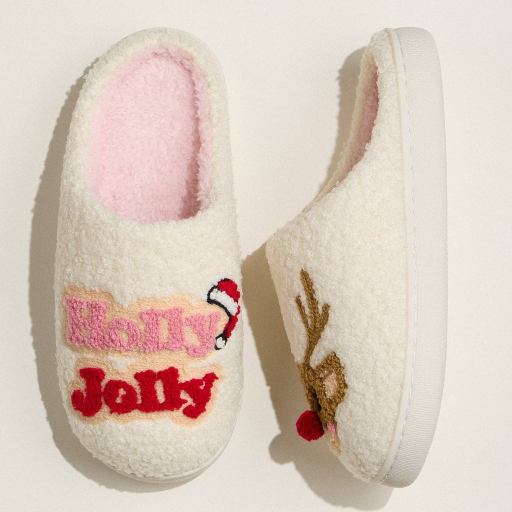 Festive Reindeer Slippers with Holly Embroidery for Christmas Gift: IV / M(40-41) by Frem