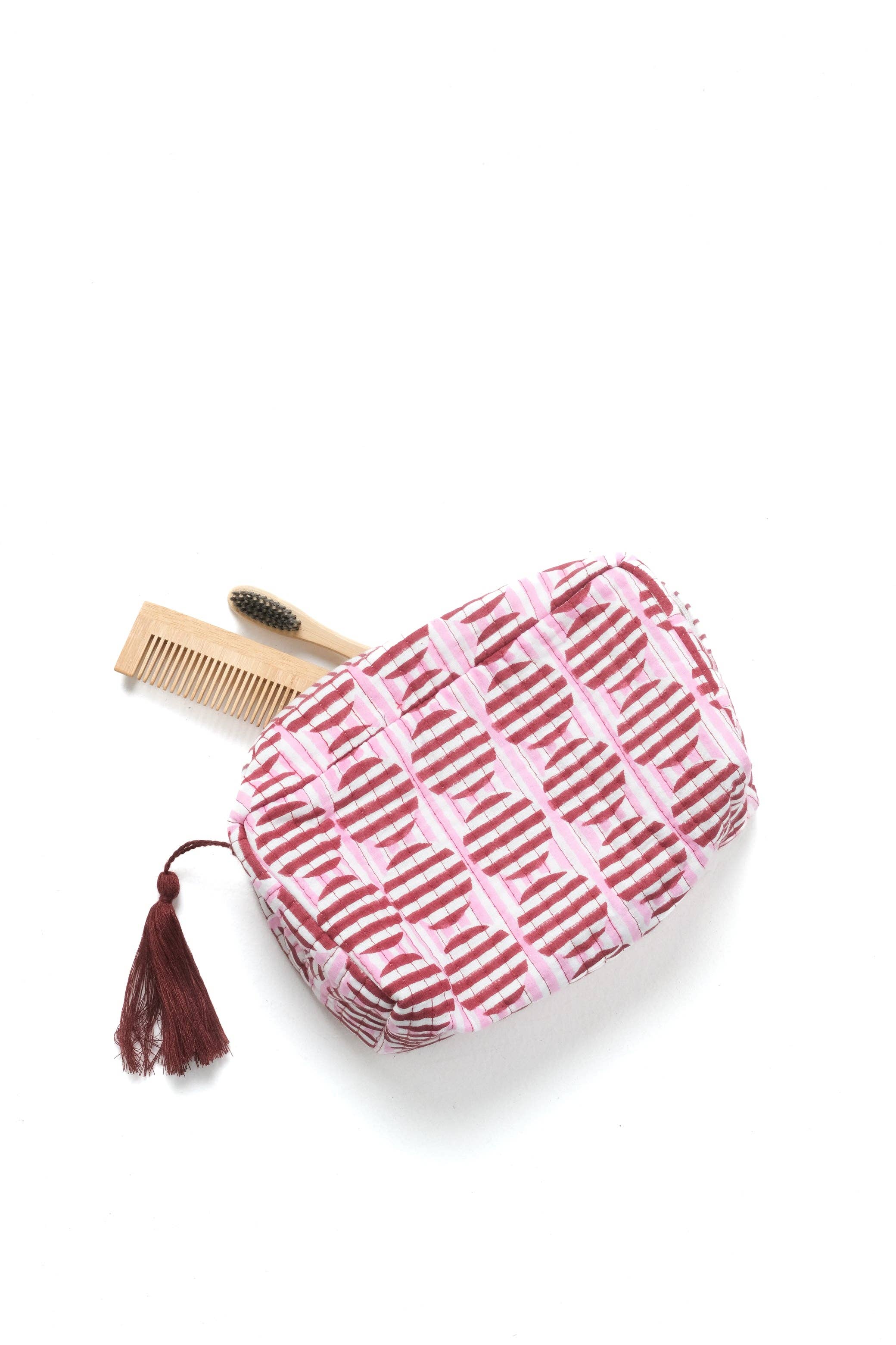 Striped Circles Blockprint Makeup Bag – Burgundy & Pink Small-Inner Child