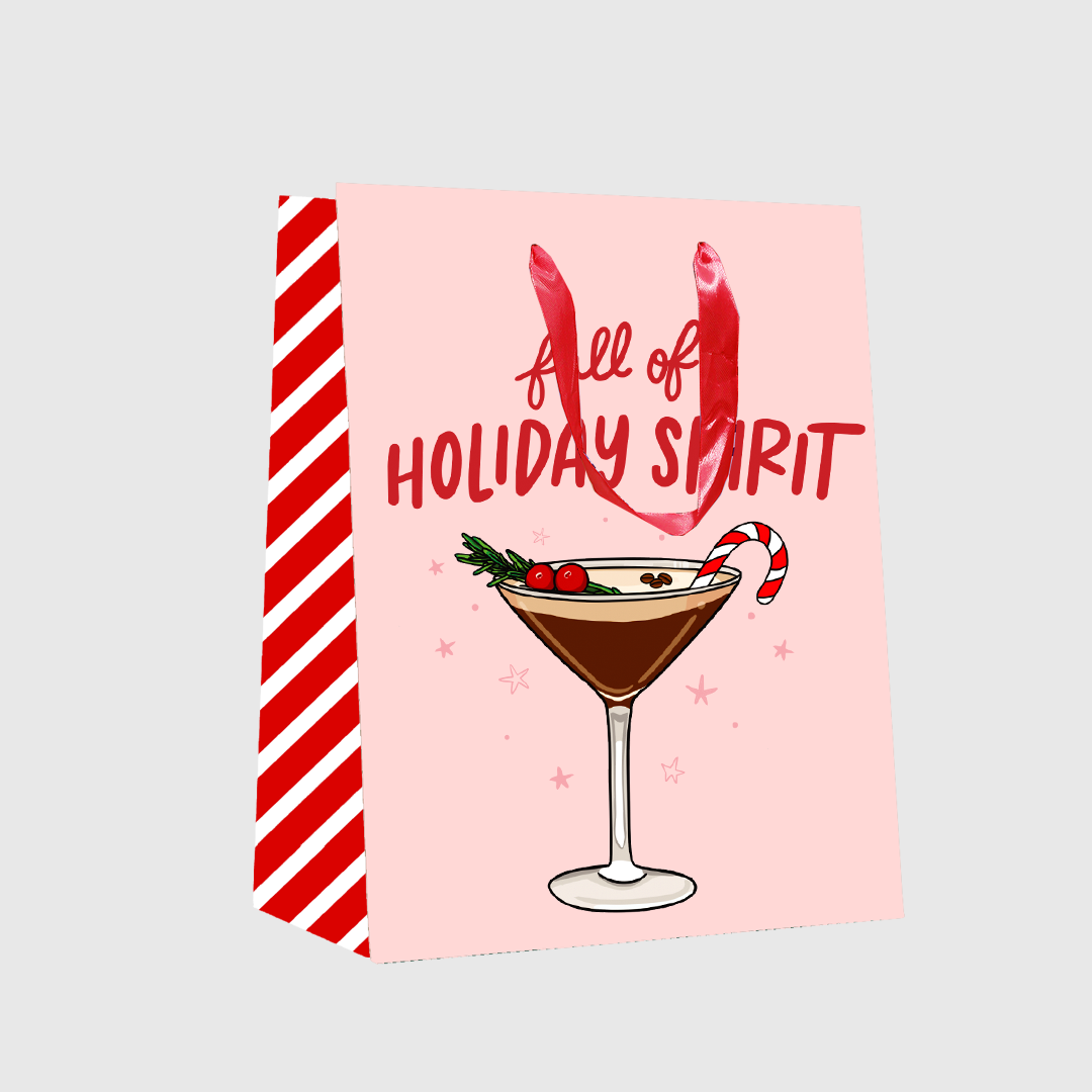 Espresso Martini Christmas Gift Bag, 8x10.5x4 in, satin ribbon handle, pink front with martini illustration.