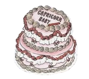 Three-tiered cake with 'Capricorn Baby' text on a white background