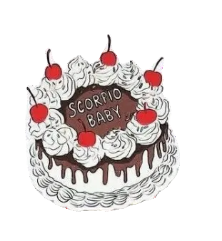 Cake with 'SCORPIO BABY' text and cherries on a white background