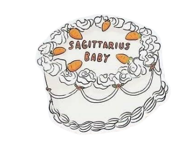 Decorative cake with 'Sagittarius Baby' text and decorative elements on a white background