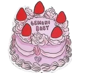 Illustration of a pink cake with red candles labeled 'Gemini Baby' on a white background