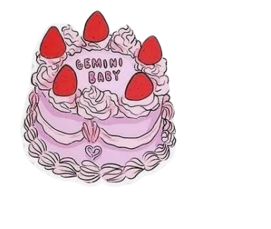 Illustration of a pink cake with red candles labeled 'Gemini Baby' on a white background