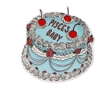 Decorative plate with cake design and 'Pisces Baby' text on a white background