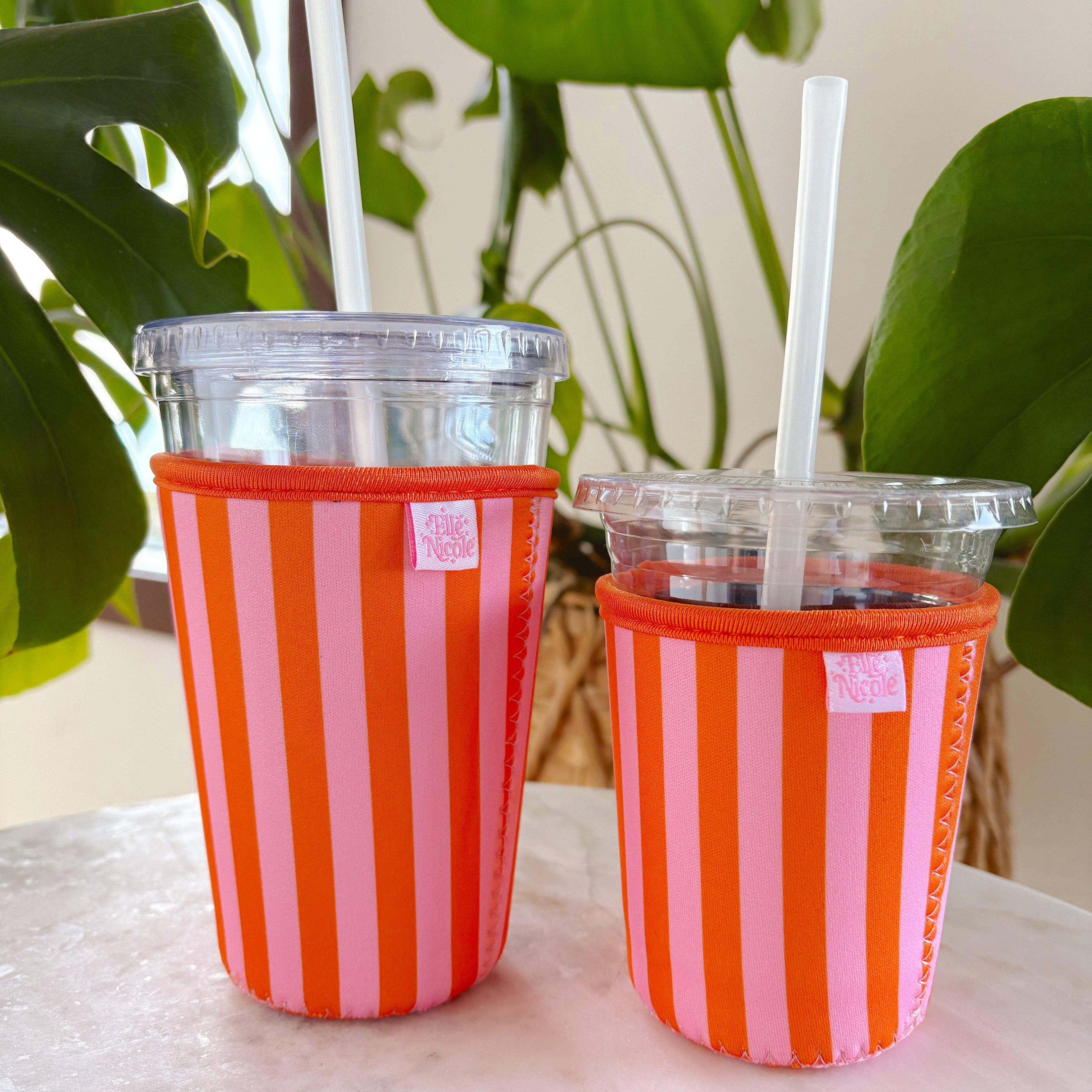 Elle Nicole - Coffee Cup Cover - Pink & Orange Stripes - Iced Drink Sleeve - Large / 24oz