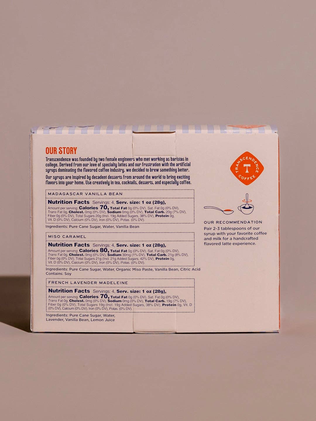 Back of box shows nutrition facts for Madagascar Vanilla Bean, Miso Caramel, French Lavender Madeleine syrups.