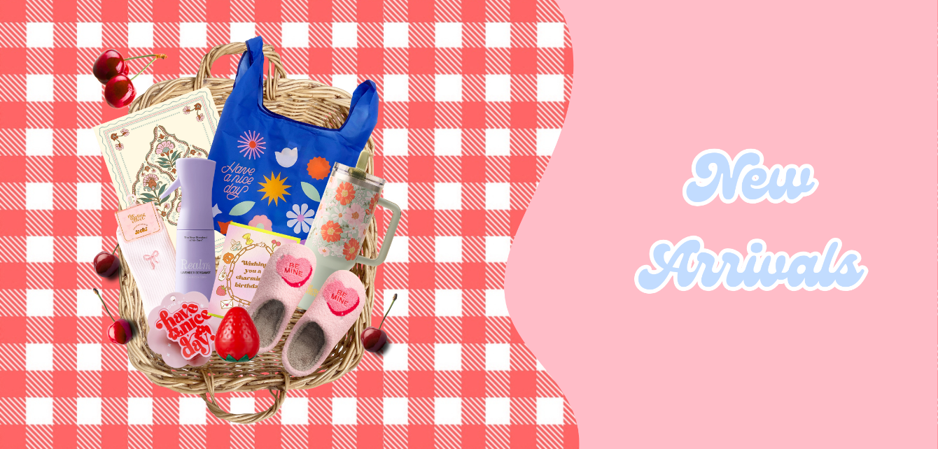 Product display with a basket of items on a pink and white checkered background, featuring the text 'New Arrivals'.